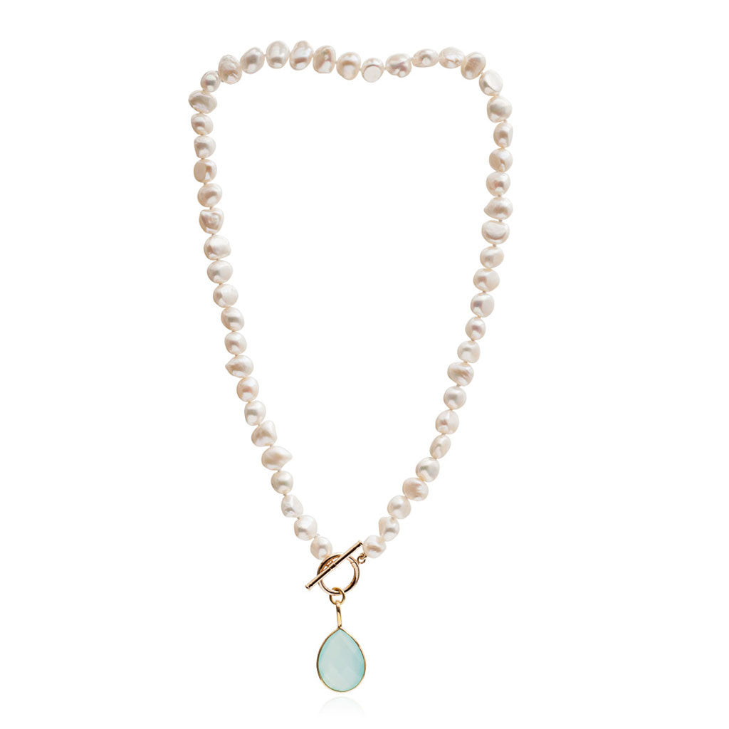 Clara cultured irregular freshwater pearl necklace with aqua chalcedony gold vermeil drop