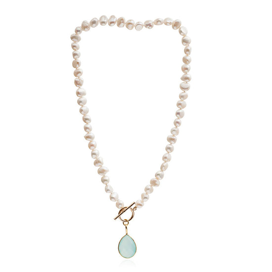 Clara cultured irregular freshwater pearl necklace with aqua chalcedony gold vermeil drop