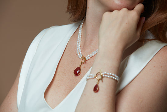 Load image into Gallery viewer, Clara double-strand cultured freshwater pearl bracelet with ruby quartz drop pendant
