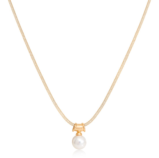 Credo large cultured freshwater pearl pendant on gold plated silver bale on gold mesh necklace
