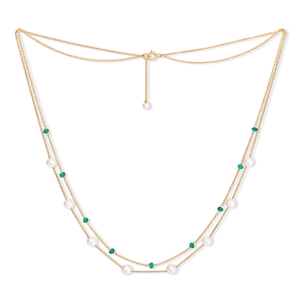 
                  
                    Credo fine double chain necklace with cultured freshwater pearls & emerald
                  
                
