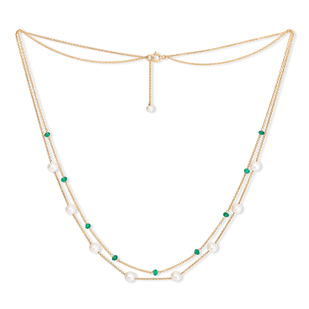 Credo fine double chain necklace with cultured freshwater pearls & emerald