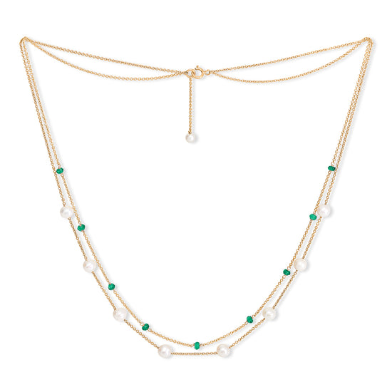 Credo fine double chain necklace with cultured freshwater pearls & emerald