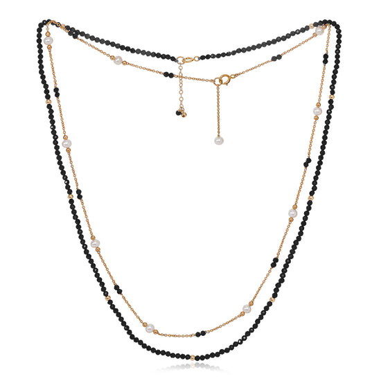 Clara fine double chain set with faceted black spinel & cultured freshwater pearls
