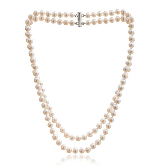 Load image into Gallery viewer, Gratia double strand white almost round cultured freshwater pearl necklace

