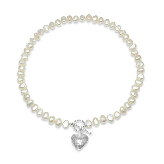 Amare single strand white irregular cultured freshwater pearl necklace with silver hammered heart