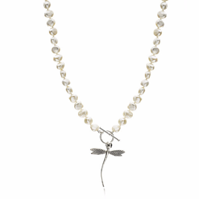Vita white cultured freshwater pearl necklace with silver dragonfly charm