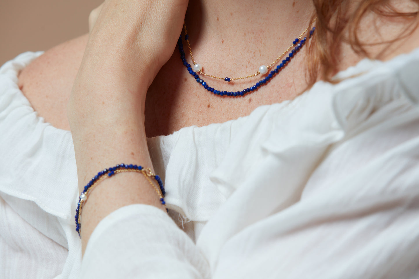 Clara fine double chain set with faceted lapis lazuli & cultured freshwater pearls