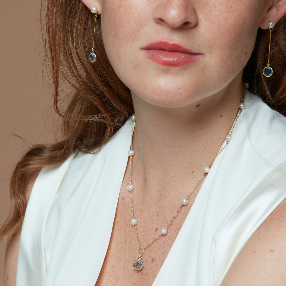 
                  
                    Nova fine chain necklace with cultured freshwater pearls & blue topaz drop
                  
                