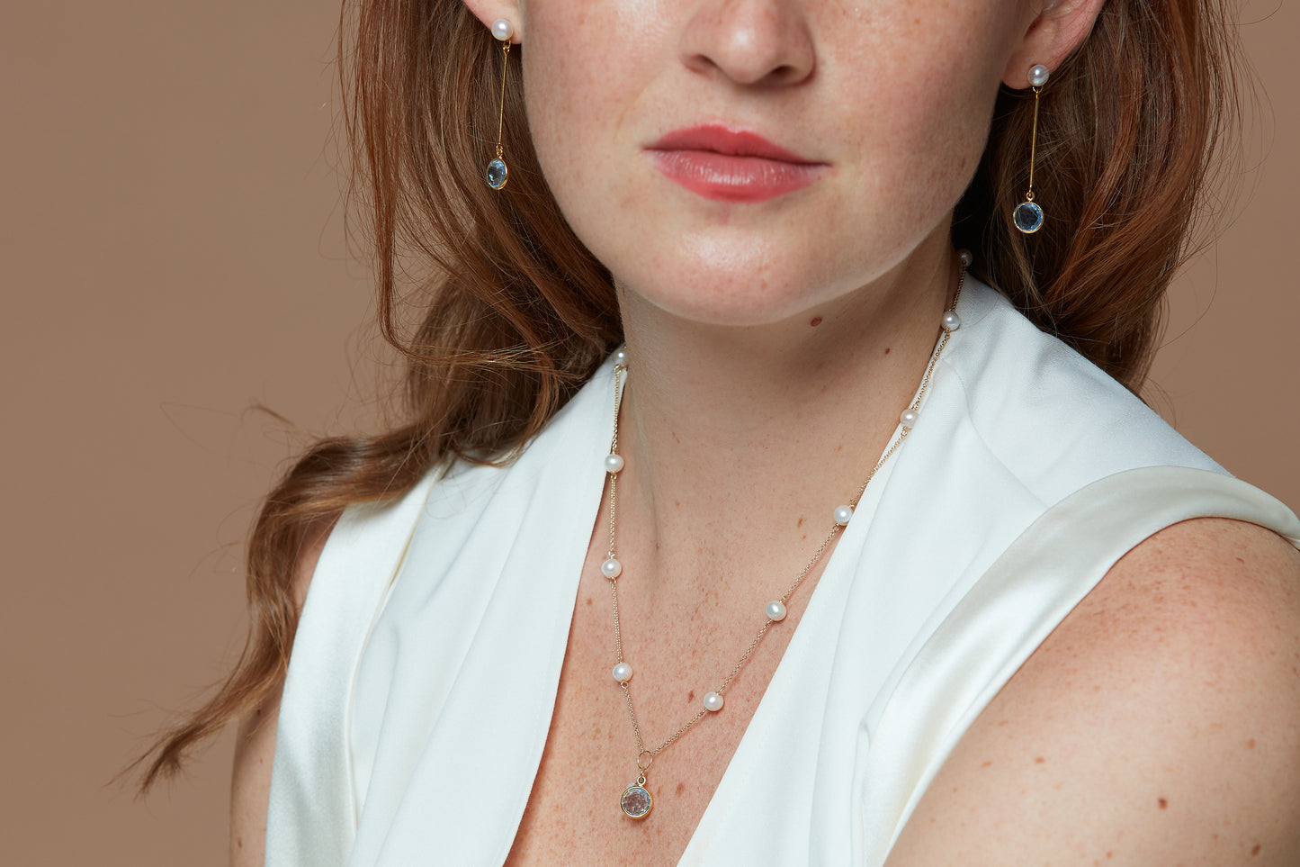 Load image into Gallery viewer, Nova fine chain necklace with cultured freshwater pearls &amp;amp; blue topaz drop
