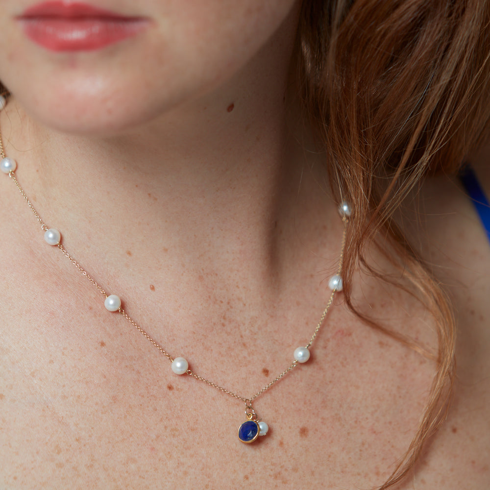 
                  
                    Nova fine chain necklace with cultured freshwater pearls & lapis lazuli drop
                  
                