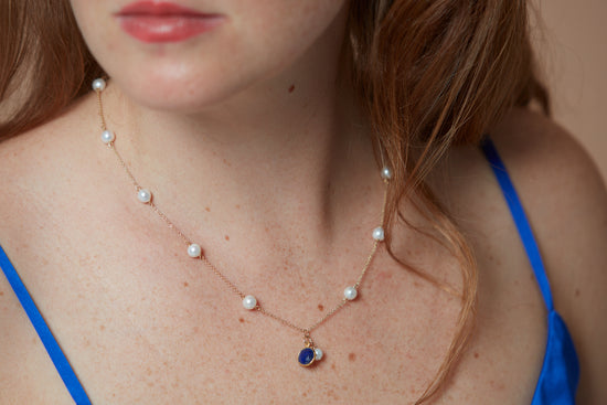 Load image into Gallery viewer, Nova fine chain necklace with cultured freshwater pearls &amp;amp; lapis lazuli drop
