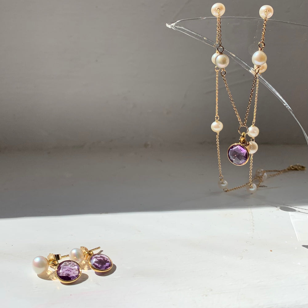 
                  
                    Nova fine chain necklace with cultured freshwater pearls & amethyst drop
                  
                