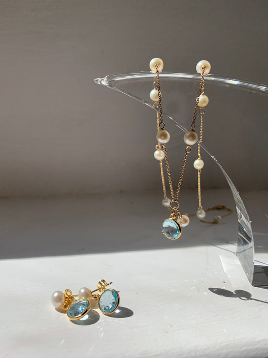 Load image into Gallery viewer, Nova blue topaz &amp;amp; cultured freshwater pearl drop earrings
