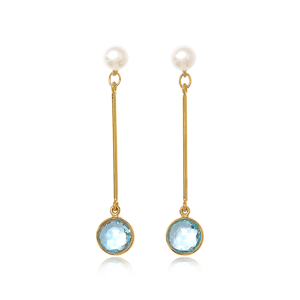 Load image into Gallery viewer, Nova cultured freshwater pearl with gold stem earrings with blue topaz drop
