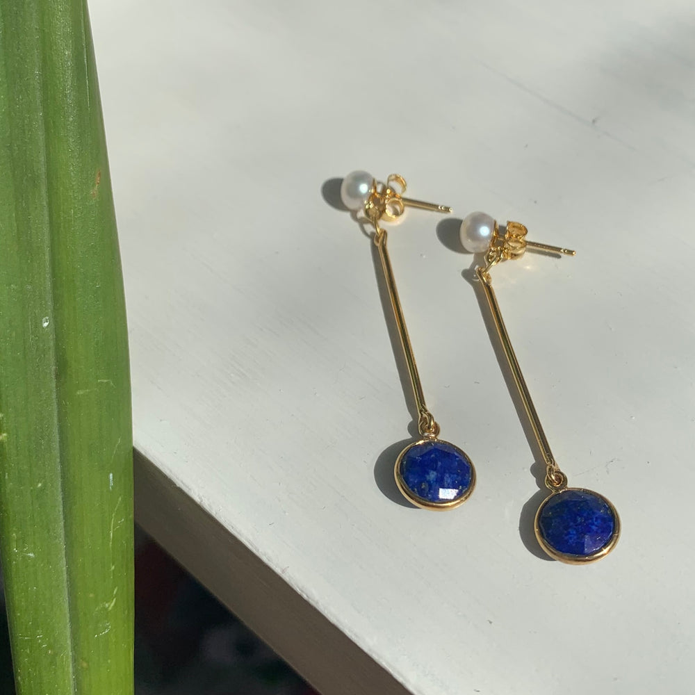 
                  
                    Nova cultured freshwater pearl with gold stem earrings with lapis lazuli drop
                  
                