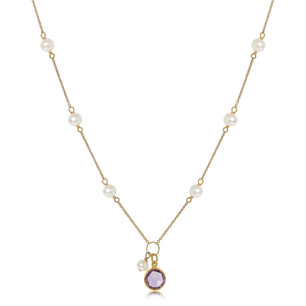 Load image into Gallery viewer, Nova fine chain necklace with cultured freshwater pearls &amp;amp; amethyst drop

