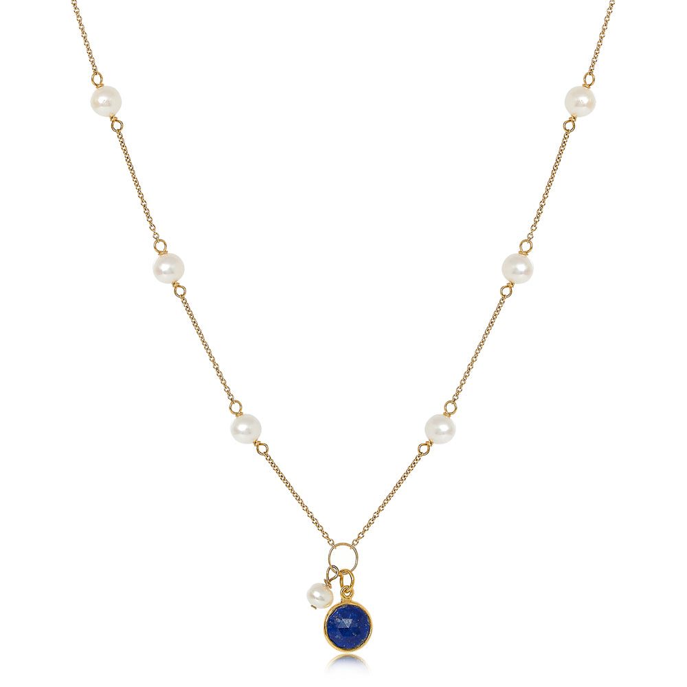 Nova fine chain necklace with cultured freshwater pearls & lapis lazuli drop