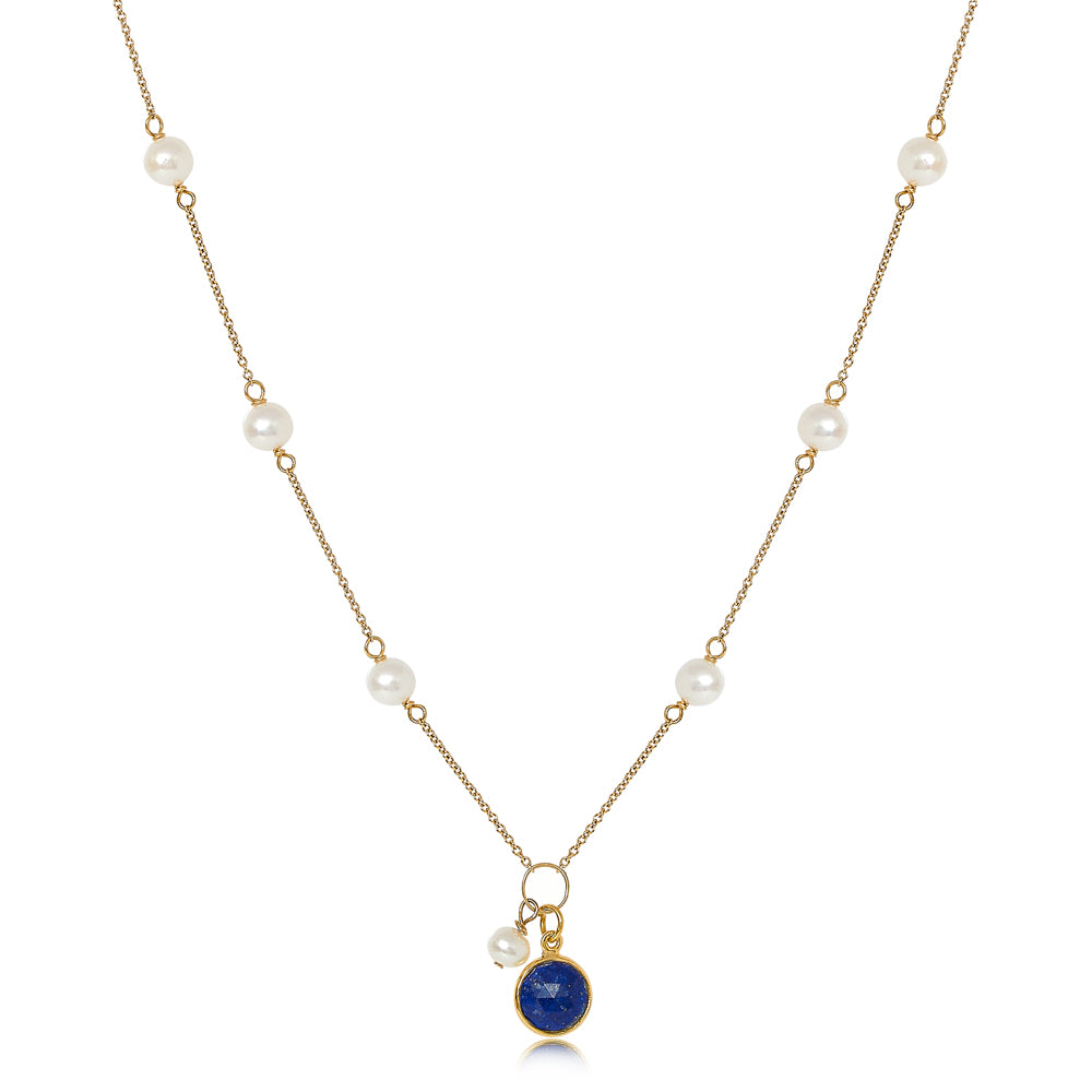 Load image into Gallery viewer, Nova fine chain necklace with cultured freshwater pearls &amp;amp; lapis lazuli drop
