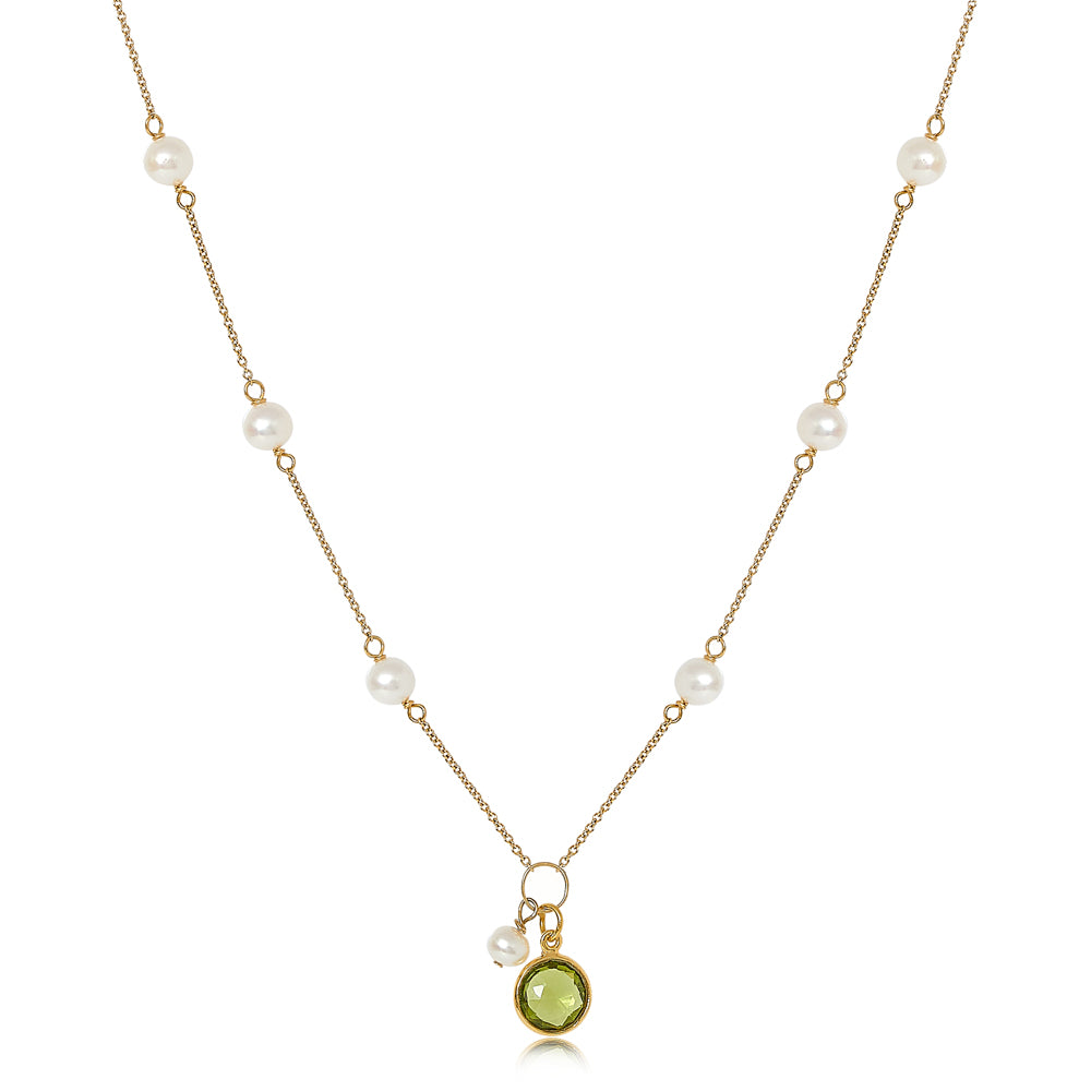 Nova fine chain necklace with cultured freshwater pearls & peridot drop