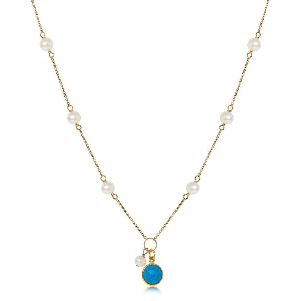 Nova fine chain necklace with cultured freshwater pearls & turquoise drop