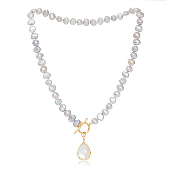 Clara grey cultured irregular freshwater pearl necklace with moonstone gold vermeil drop