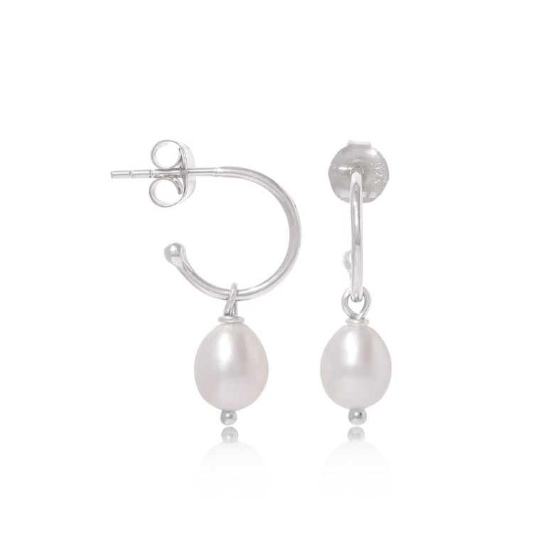 Gratia Small Silver Hoop Earrings with Cultured Freshwater Pearl Drops