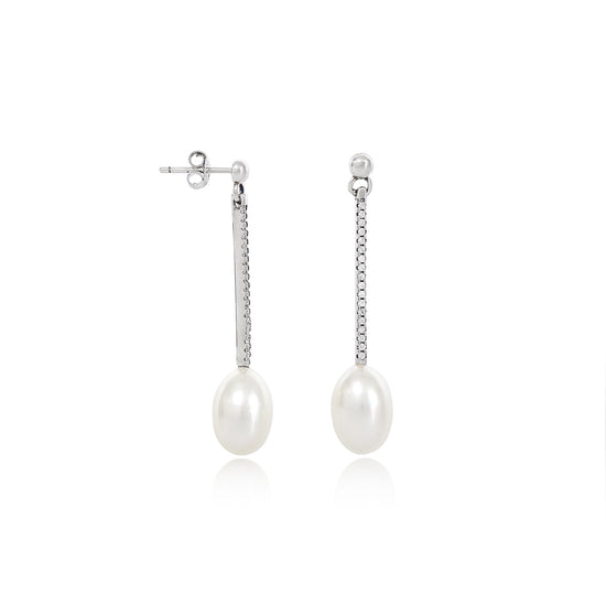 Load image into Gallery viewer, Stella cultured freshwater pearl drop earrings on long pave silver stems

