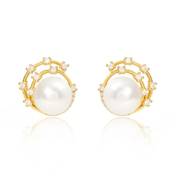 Stella cultured freshwater pearl stud earrings with gold sparkle swirl