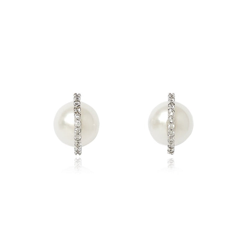 Load image into Gallery viewer, Stella cultured freshwater pearl stud earrings with pave arc
