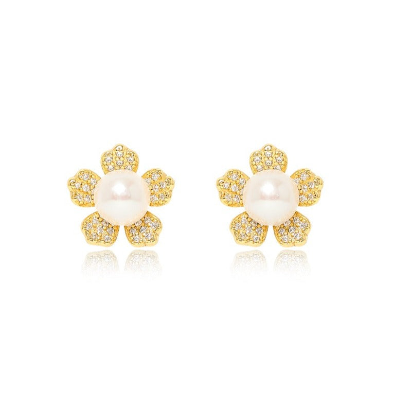 Stella gold sparkle flower studs with cultured freshwater pearls