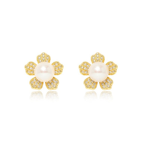 Stella gold sparkle flower studs with cultured freshwater pearls