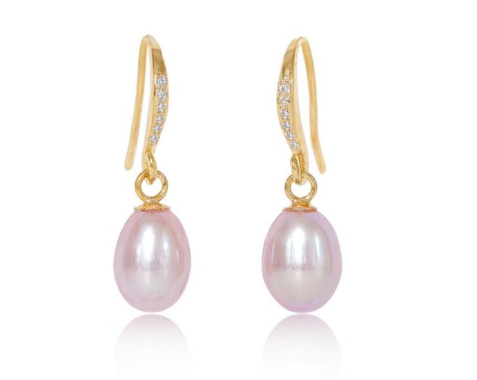 Load image into Gallery viewer, Stella cultured pink freshwater teardrop pearl hanging earrings on sparkle gold hooks
