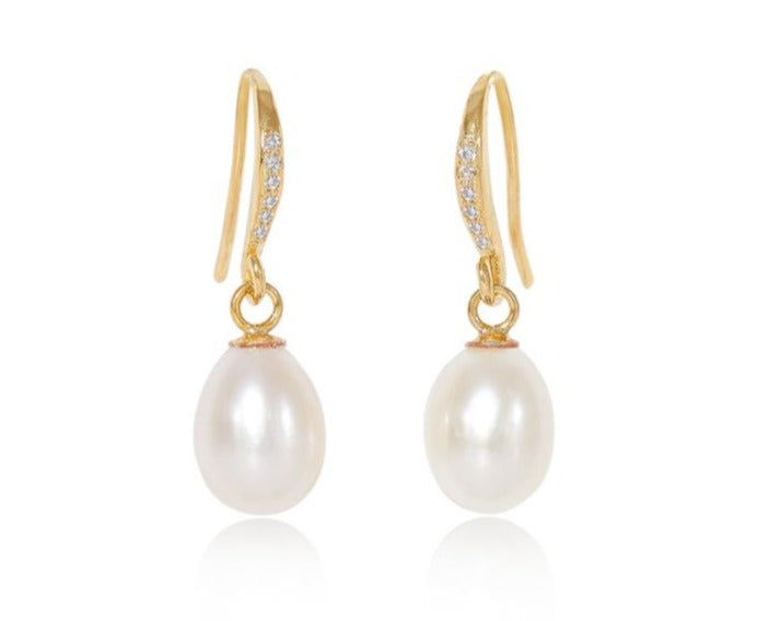 Stella cultured white freshwater teardrop pearl hanging earrings on sparkle gold hooks