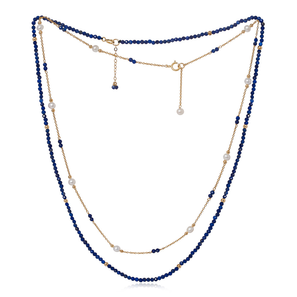 Clara fine double chain set with faceted lapis lazuli & cultured freshwater pearls