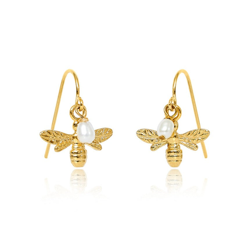 Load image into Gallery viewer, Vita Gold Bumble Bee &amp;amp; Cultured Freshwater Pearl Drop Earrings
