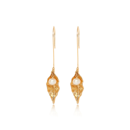 Vita long gold leaf earrings with cultured freshwater pearls