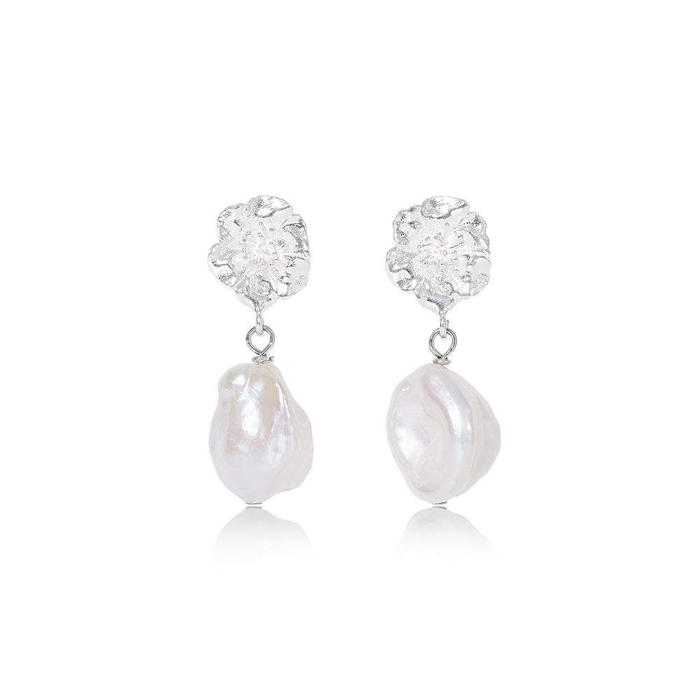 Load image into Gallery viewer, Vita Silver Cherry Blossom &amp;amp; Baroque Cultured Freshwater Pearl Drop Earrings
