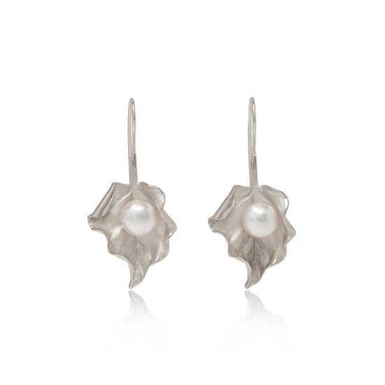 Vita Cultured Freshwater Pearl Leaf Drop Earrings in Silver