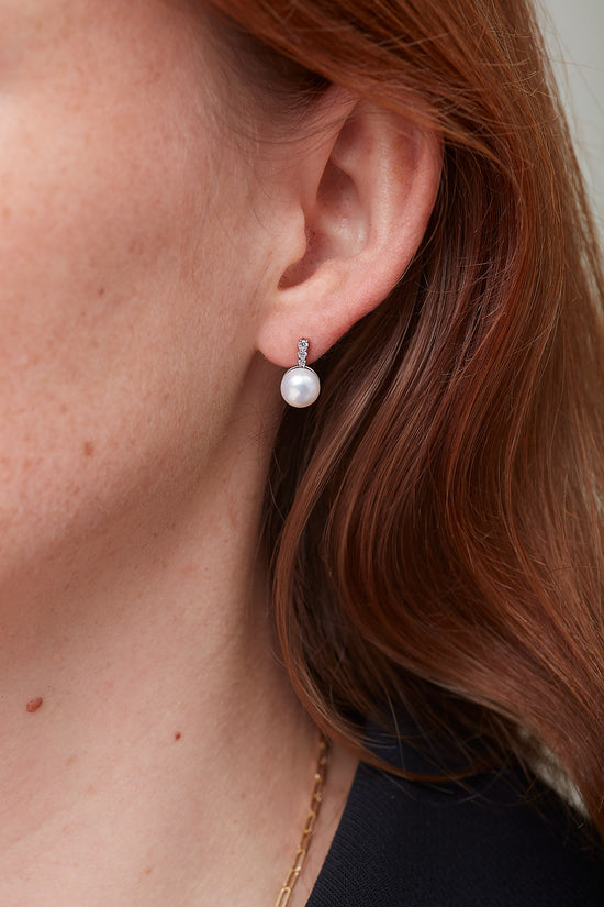 Load image into Gallery viewer, Stella cultured freshwater pearl stud earrings with pave stem
