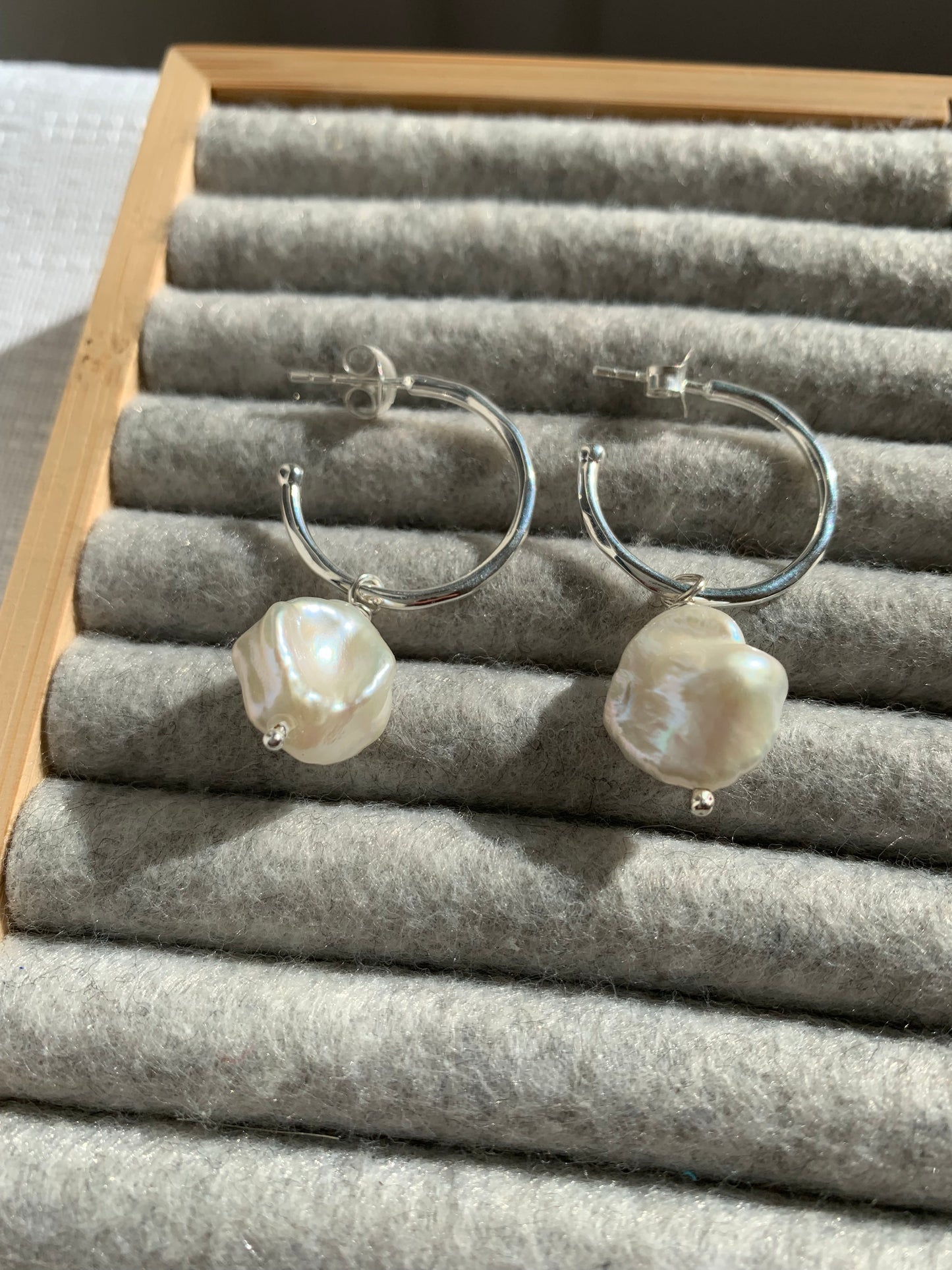Decus Large Silver Hoop Earrings with Baroque Cultured Freshwater Pearl Drops