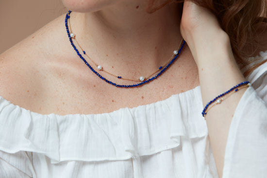 Load image into Gallery viewer, Clara fine double chain bracelet with cultured freshwater pearls &amp;amp; lapis lazuli

